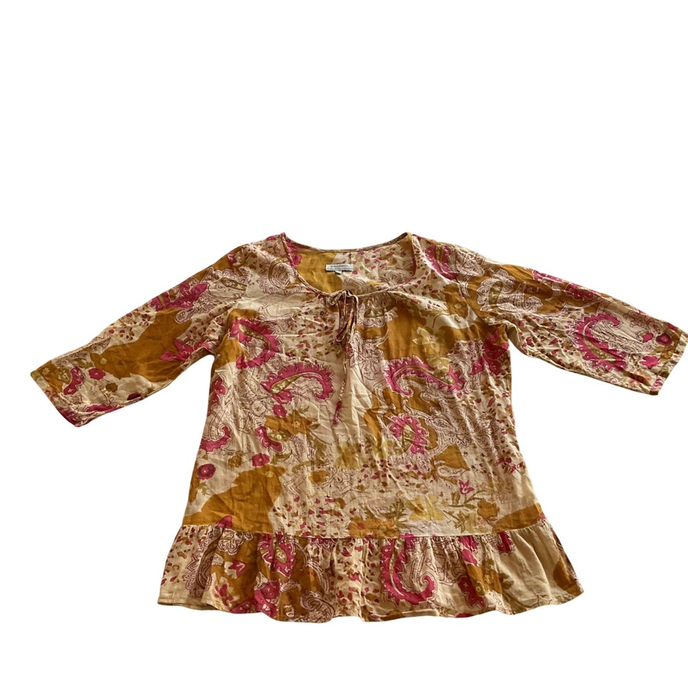 World Market Tunic Top Womens L/XL Gold Pink Paisley Cotton Ruffle Tie Neck
